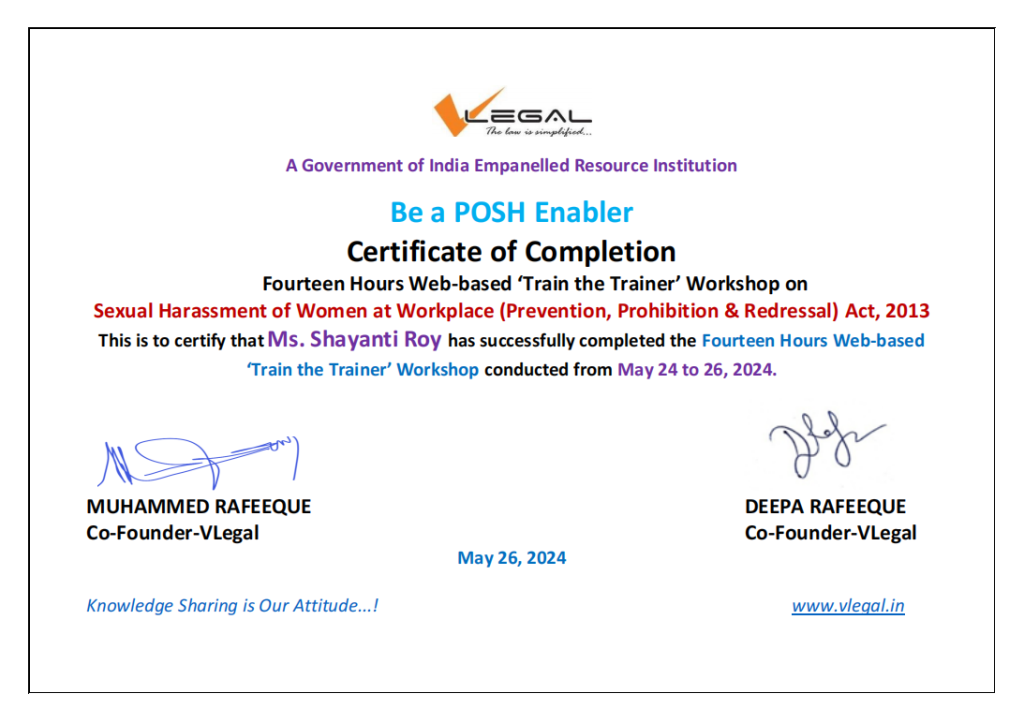 Certificate of completion for workshop